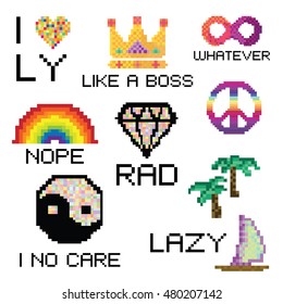 vector illustration for modern funny stickers for messenger or social media in pixel style and different slang expressions and acronyms and memes