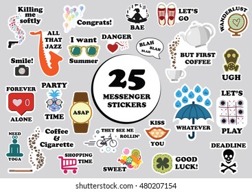 vector illustration for modern funny stickers for messenger or social media in trend style and different slang expressions and acronyms and memes