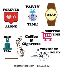 vector illustration for modern funny stickers for messenger or social media in trend style and different slang expressions and acronyms and memes