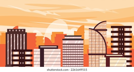 Vector illustration of a modern futuristic city. Cartoon cityscape with residential and office minimalist buildings and a background of morning sunrise.