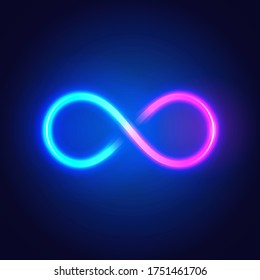 Vector Illustration Modern Futuristic Neon Glow Infinity Sign In Duo Colors.