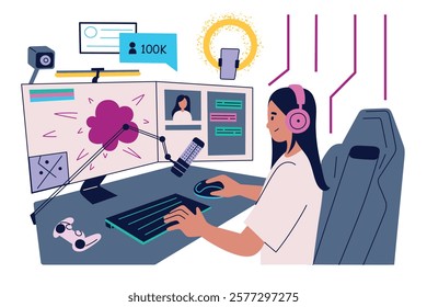 Vector illustration of modern gaming and streaming setup. Female gamer playing at desk with monitors, microphone, headphones, video games accessories. Composition for esports and digital content