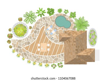 Vector illustration. Modern garden design. Top view. Landscape design. View from above.