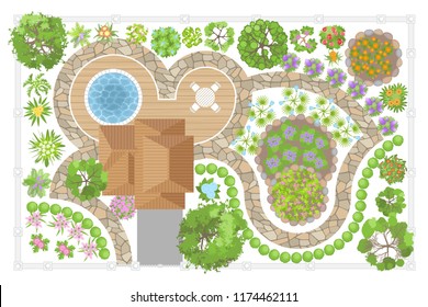 Vector illustration. Modern garden design. Top view. Landscape design. View from above.