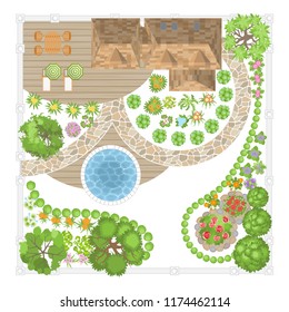 Vector illustration. Modern garden design. Top view. Landscape design. View from above.