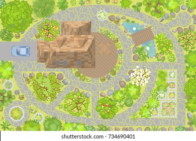 Vector illustration. Modern garden design. Top view. Landscape design. View from above.