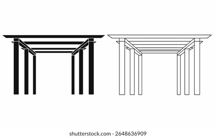 Vector illustration of modern garden pergola in silhouette and outline styles. Outdoor architectural structure, ideal for landscape, patio, gazebo, and backyard design themes.