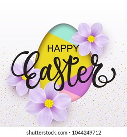 Vector illustration, modern geometric background with realistic flowers and  lettering. Happy Easter card design with decorative egg.