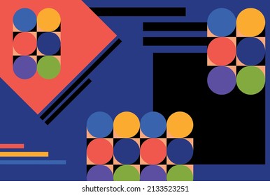 Vektorgrafik des modernen geometrischen Hintergrunds mit bunten Kreisen, Quadraten und Linien
