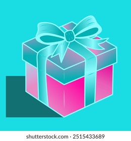 A vector illustration of a modern gift box in blue and pink, adorned with a large light blue ribbon. Ideal for use in graphic design, greeting cards, party invitations, or celebration and gift-themed.