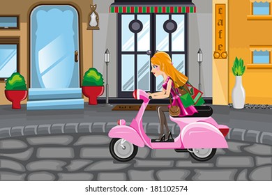 A vector illustration of modern girl riding a scooter carrying shopping bags