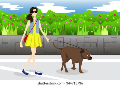 A vector illustration of modern girl walking with her dog in the park