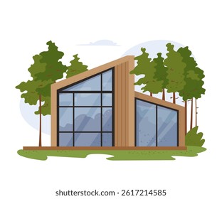 Vector illustration of modern glamping house with panoramic windows, wooden facade and forest background. Luxury comfortable outdoor relaxation. Modular house ideal for eco-tourism, recreation place