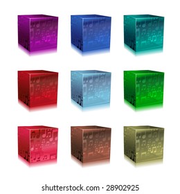 Vector Illustration of modern glass cubes in different colors, decorated with music notes.