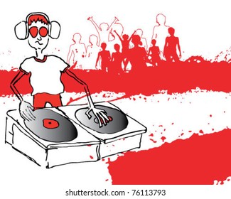 Vector illustration of modern glossy icon depicting a deejay in action