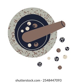 Vector illustration of modern granite mortar and pestle with peppercorns and crushed black pepper. Kitchen utensil doodle, cooking theme, and spice preparation in flat cartoon style