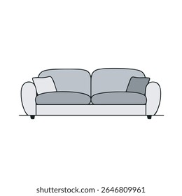 Ilustração vetorial de um moderno sofá cinza com duas almofadas, com braços arredondados e design simples. Adequado para design de interiores, decoração de casa e projetos com temas de móveis