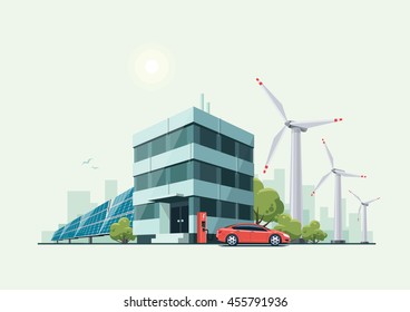 Vector illustration of modern green eco business office building with green trees and electric car charging in front of the house in cartoon style. Solar panels and wind turbines in the background. 