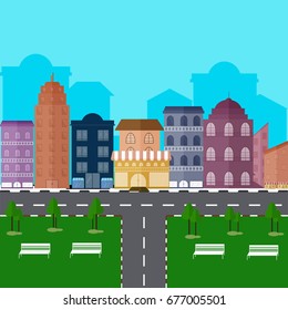 Vector illustration of modern green eco business office building with green trees.