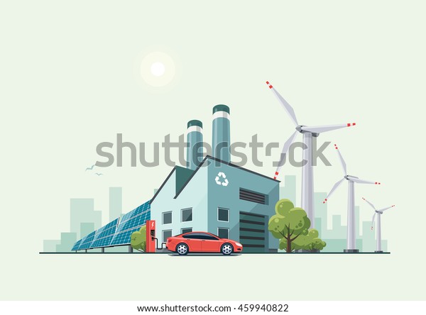 Vector illustration of modern green eco factory building\
with green trees and electric car charging in front of the\
manufacture in cartoon style. Solar panels and wind turbines in the\
background. 