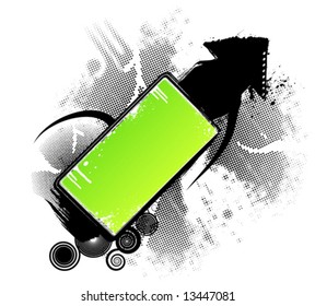 Vector illustration of a modern grunge splatter design element with spirals and a blank board for custom text.