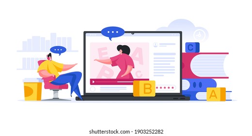 Vector illustration of modern guy in headset repeating words of female tutor while watching foreign language educational video on laptop
