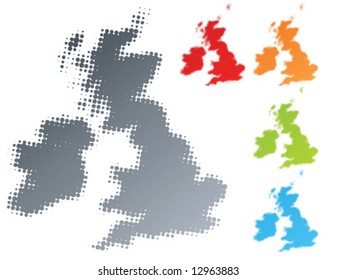 Vector illustration of a modern halftone design element in the shape of the United Kingdom and Ireland country. Separable.