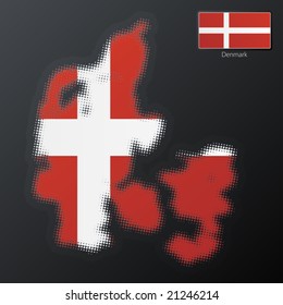 Vector illustration of a modern halftone design element in the shape of Denmark, European Union. Second halftone, border and contents, on separate layer. Additional flag included.