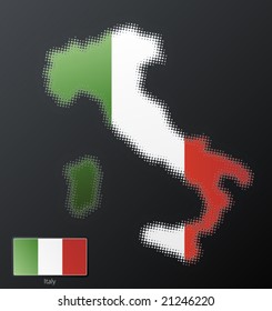 Vector illustration of a modern halftone design element in the shape of Italy, European Union. Second halftone, border and contents, on separate layer. Additional flag included.