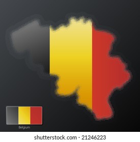 Vector illustration of a modern halftone design element in the shape of Belgium, European Union. Second halftone, border and contents, on separate layer. Additional flag included.