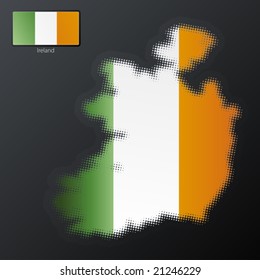 Vector illustration of a modern halftone design element in the shape of Ireland, European Union. Second halftone, border and contents, on separate layer. Additional flag included.