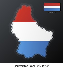 Vector illustration of a modern halftone design element in the shape of Luxembourg, European Union. Second halftone, border and contents, on separate layer. Additional flag included.