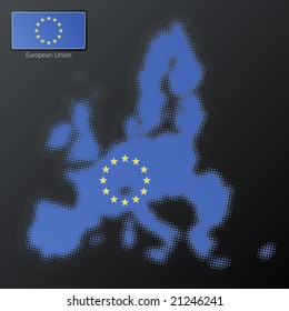 Vector illustration of a modern halftone design element in the shape of the European Union. Second halftone, border and contents, on separate layer. Additional flag included.