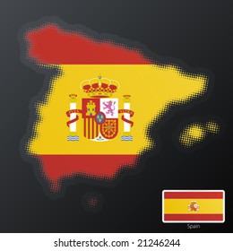 Vector illustration of a modern halftone design element in the shape of Spain, European Union. Second halftone, border and contents, on separate layer. Additional flag included.