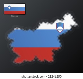 Vector illustration of a modern halftone design element in the shape of Slovenia, European Union. Second halftone, border and contents, on separate layer. Additional flag included.