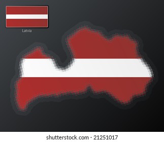 Vector illustration of a modern halftone design element in the shape of Latvia, European Union. Second halftone, border and contents, on separate layer. Additional flag included.