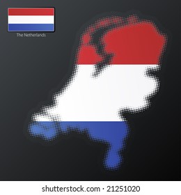 Vector illustration of a modern halftone design element in the shape of The Netherlands, European Union. Second halftone, border and contents, on separate layer. Additional flag included.