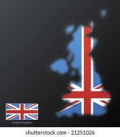 Vector illustration of a modern halftone design element in the shape of United Kingdom, European Union. Second halftone, border and contents, on separate layer. Additional flag included.