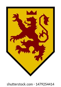 Vector illustration. Modern heraldry lion with emblem and straight lines.