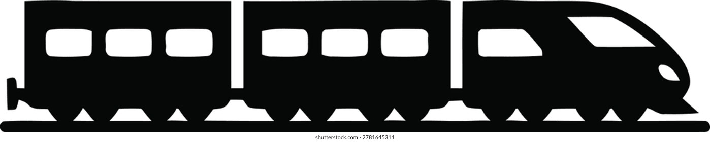 Vector illustration of a modern high-speed train icon, representing rail transport, travel, and public transit, isolated on a clean white background.