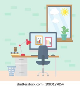 Vector illustration of modern home office made in trendy flat style. Concept design illustration of workspace interior decoration