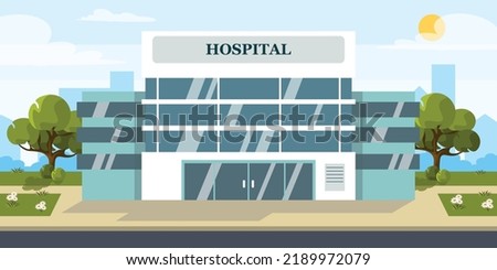 Vector illustration of modern hospitals. Cartoon urban buildings with flowers, trees and a city in the background.