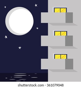 Vector illustration of modern hotel or apartment block with balconies and windows in front of a backdrop of the sea and sky under a moon and stars