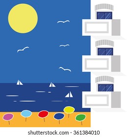 Vector illustration of modern hotel apartments with balconies and windows in front of a backdrop of blue sea and beach scene under a sunny blue sky