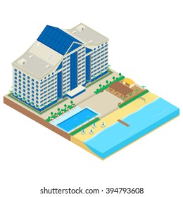 vector illustration. Modern hotel on the seafront. hotel building, beach, deckchair, parasol, cafe, swimming pool. Infographic, isometric
