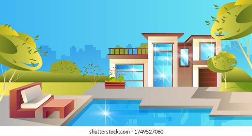 Vector illustration with modern house, backyard, furniture, pool, trees, cityscape. Futuristic building exterior concept in flat style. Horizontal landscape with cottage, relax zone, couch.
