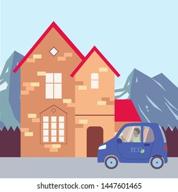 Vector illustration of a modern house in a flat style with eco car and mountains on a background. House front view. Building for rent or sale. Scandinavian nature