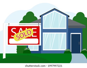 Vector illustration of a modern house, next to a billboard with the text SALE and a sticker sold