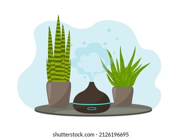 Vector illustration of a modern humidifier with houseplants.