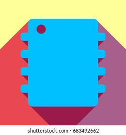 vector illustration of modern icon chip. Vector. Deep sky blue icon with two flat violet and raspberry semitransparent shadows on canary background.